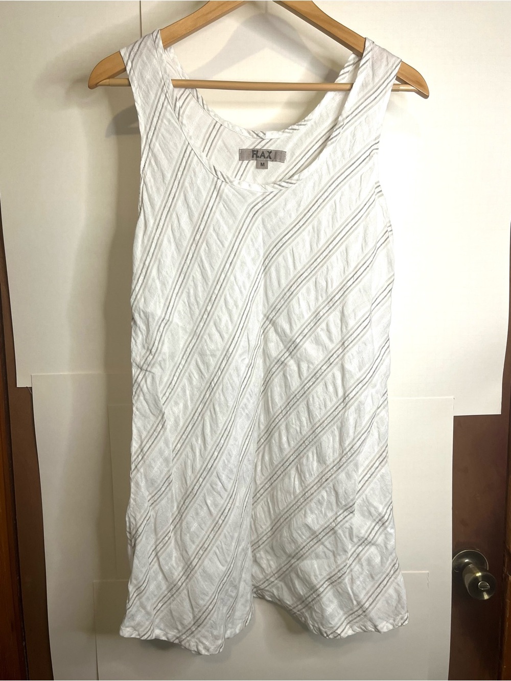 Flax Women’s Size M White Linen Tank w/ Subtle Gray & Taupe Stripes
